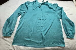 Loft Women’s XL Cotton Modal Blend Blouse Tie Neck Ruffled Gathered Hems